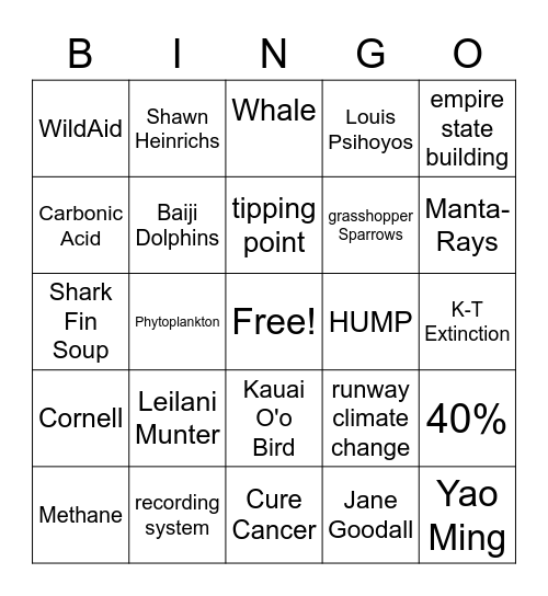 Racing to Extinction Bingo Card