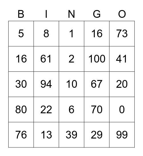 NUMBERS 0 -100 Bingo Card