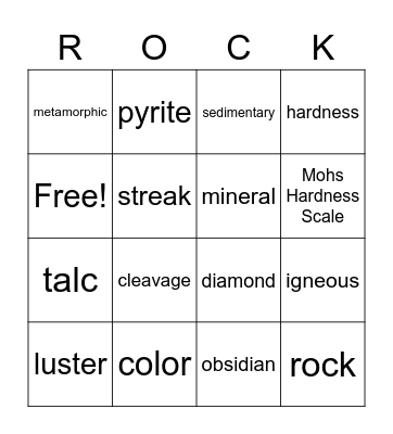 Rocks & Minerals Bingo Card