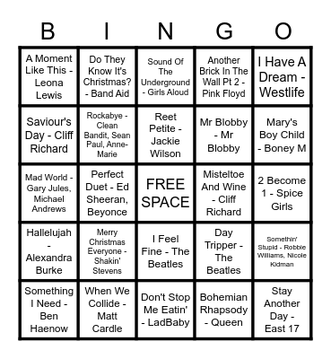 🎅 Mad Dog Music Bingo - Christmas Number 1s 🎅 Bingo Card