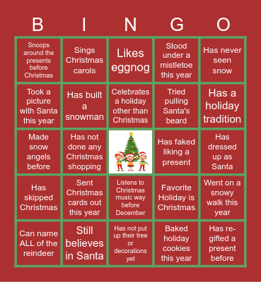 Dream Team Virtual Holiday Bingo Card