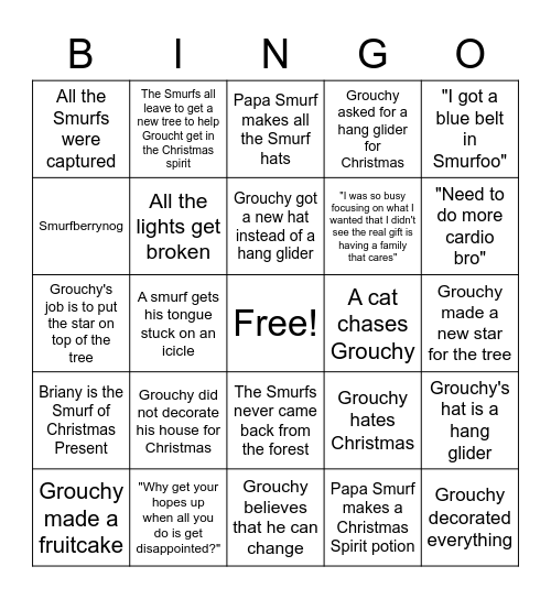 A Smurf Christmas Carol BINGO Card