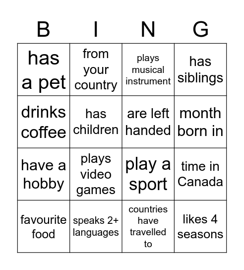 Similar Attributes Bingo Card