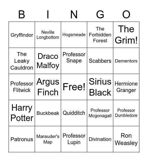 Harry Potter and the Prisoner of Azkaban Bingo Card