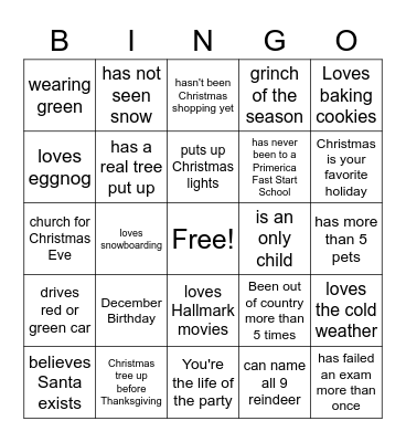 Holiday Bingo Card