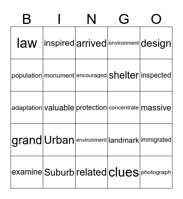 Vocabulary Bingo Card