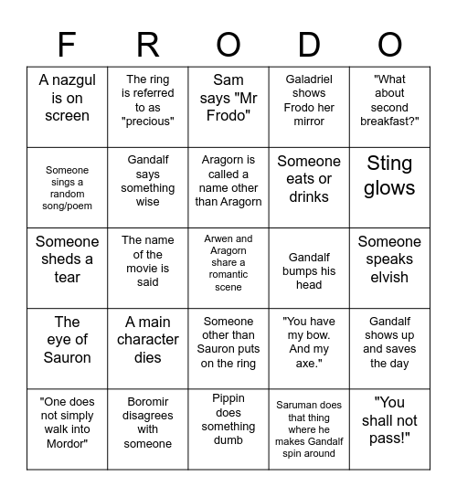 FELLOWSHIP OF THE RING Bingo Card