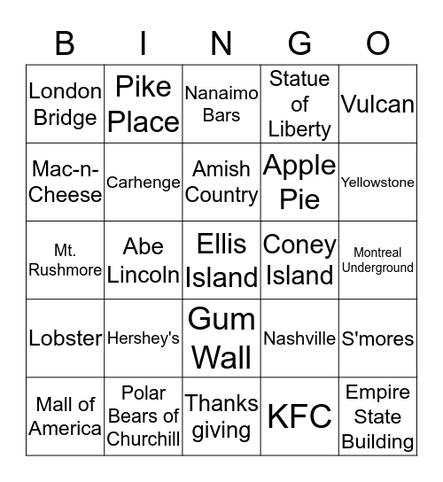 North America Bingo Card