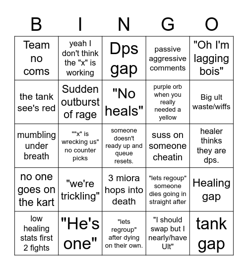 good ole overwatch Bingo Card