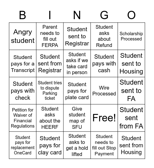 Bursar's Boffice Bingo Card