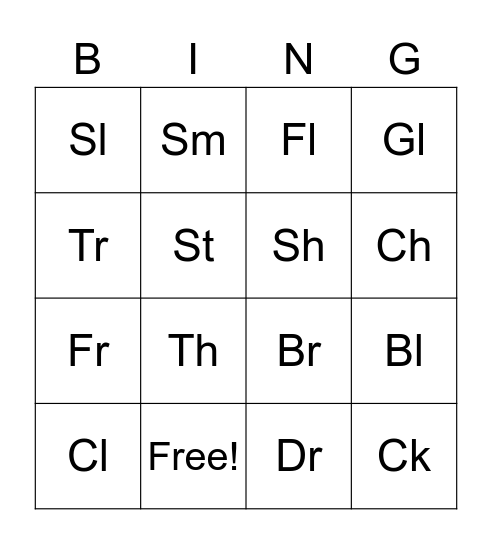 Blend/Digraph Bingo Card