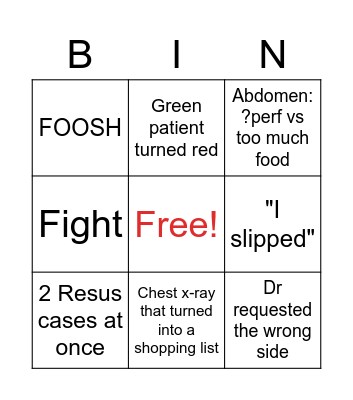 ADHB ED New Year's Day BINGO Card