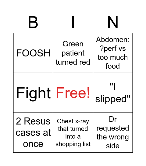 ADHB ED New Year's Day BINGO Card