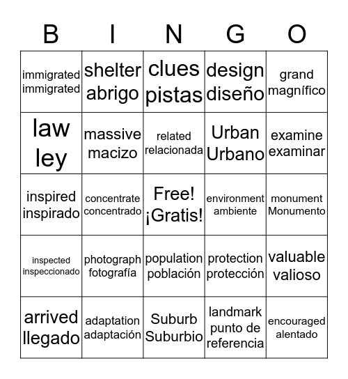 Vocabulary Bingo Card