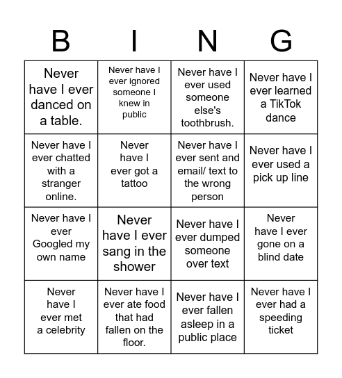 Never have I ever bingo Card