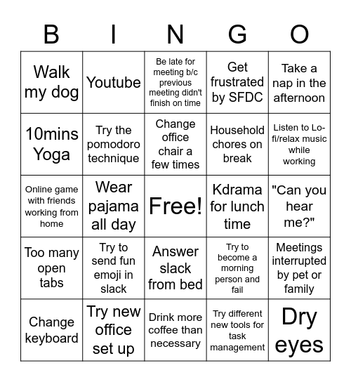 My remote work life 2022 Bingo Card