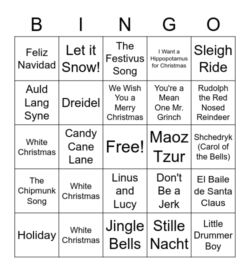Holiday Music Bingo Card