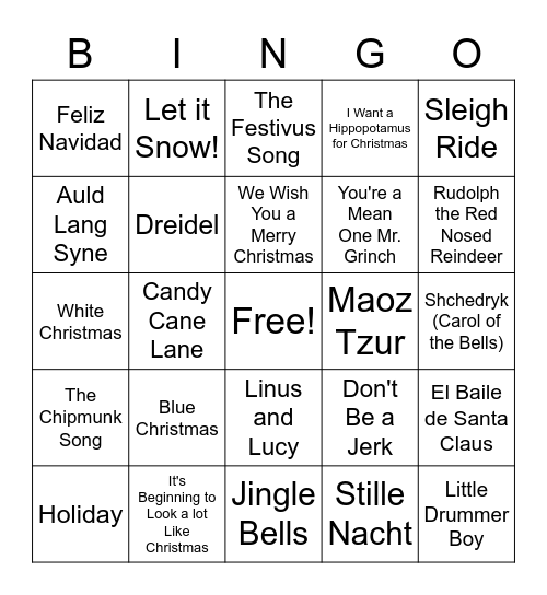Holiday Music Bingo Card