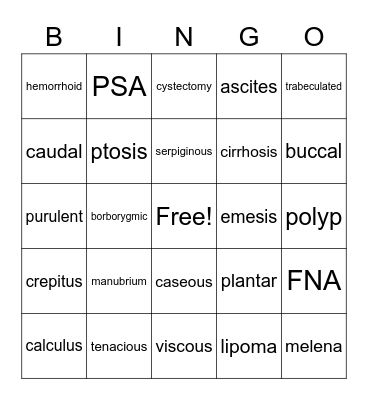 Pathology Word of the Day Bingo Card