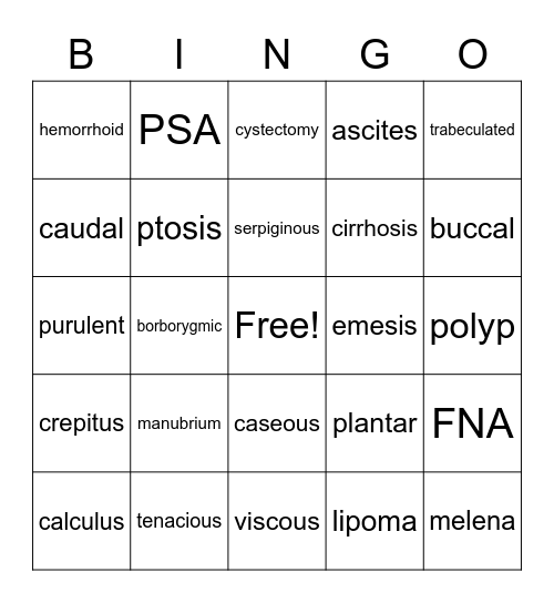 Pathology Word of the Day Bingo Card