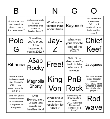 Hip hop & would you rather Bingo Card