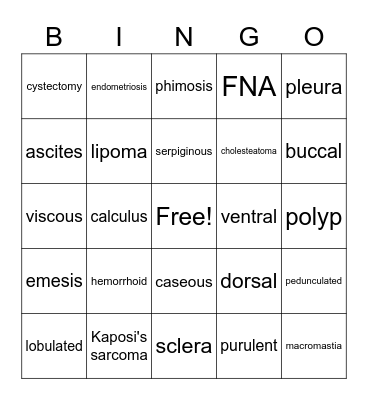 Pathology Word of the Day Bingo Card