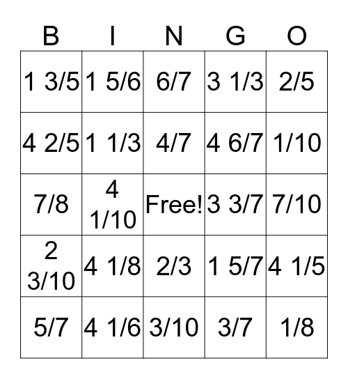 Simplify Fractions Bingo Card