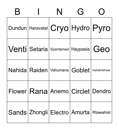 Punya Xiao Bingo Card