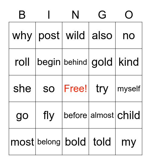 SPIRE3: open syllable & Exceptions Bingo Card