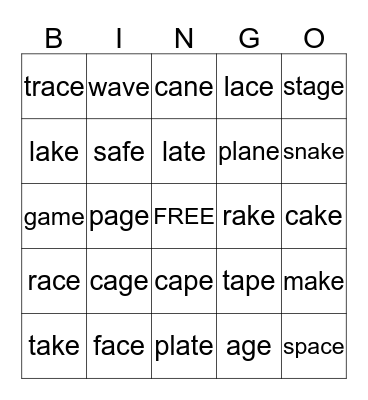 LONG A WORDS Bingo Card