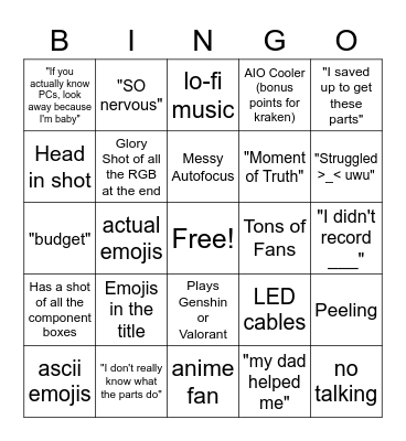 "Building My First PC" Video Bingo Card