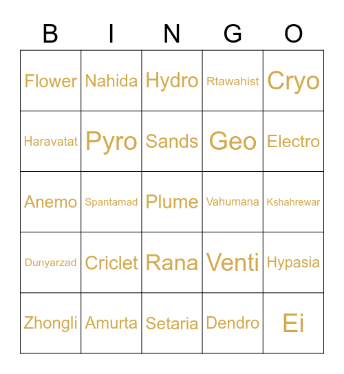 Zhongli Bingo Card