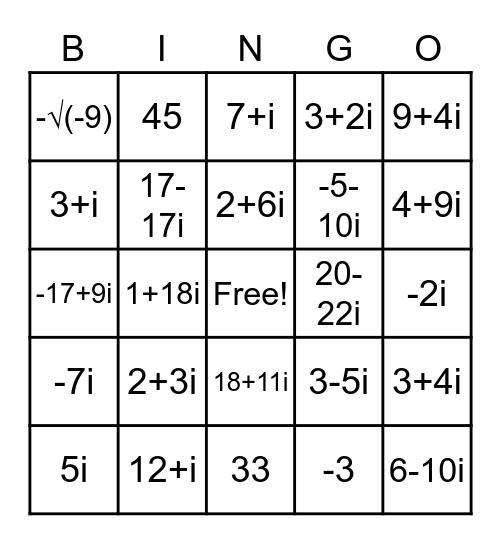 Complex Number Bingo Card