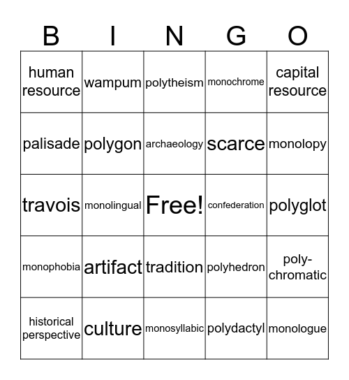 Native American Vocabulary Bingo Card