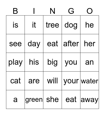 Beginner English Bingo Card