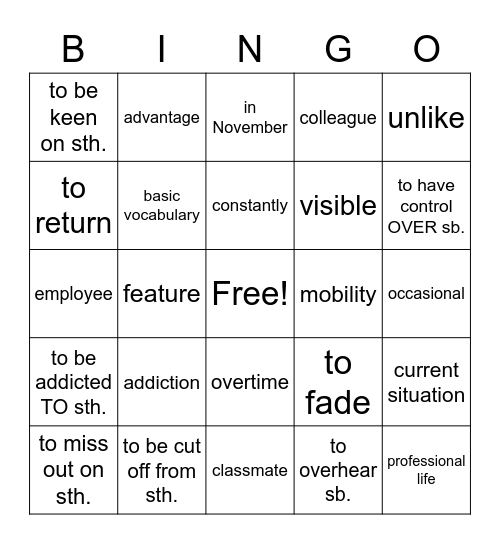 Vocabulary - lessons nr 1 Bingo Card