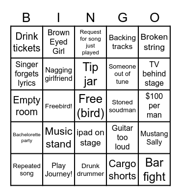 Cover Band Bingo Card