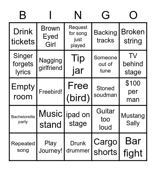 Cover Band Bingo Card