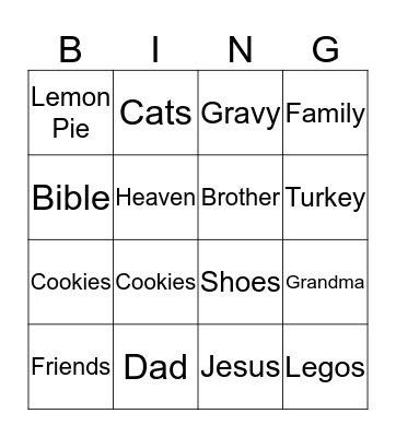 Thankful Thanksgiving Bingo Card