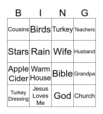 Thankful Thanksgiving Bingo Card