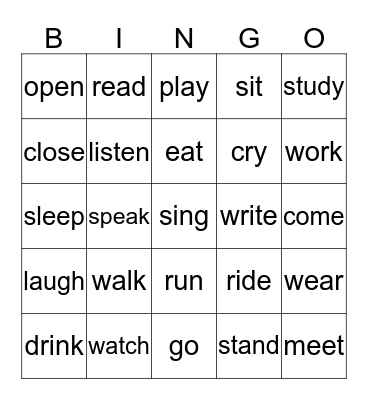 Verb Bingo Card
