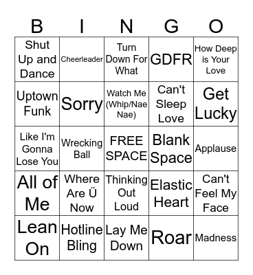 Pop Music Bingo Card