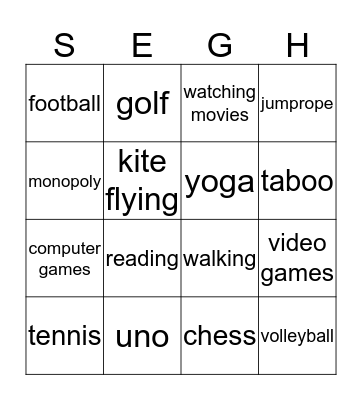 Leisure Bingo Card