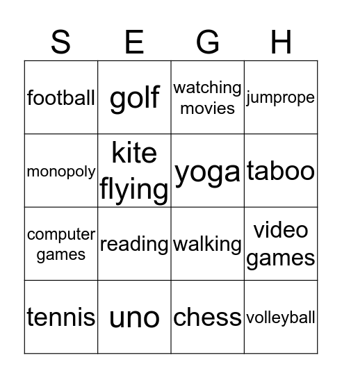Leisure Bingo Card