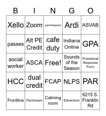 Counselor Bingo Card