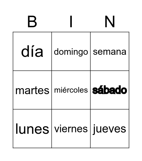 Días de la Semana Bingo Card