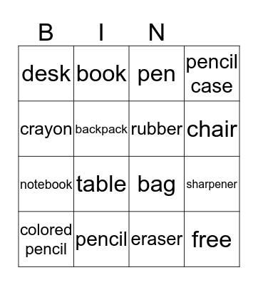 School Objects Bingo Card