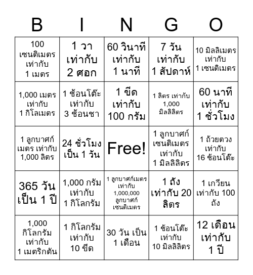 การชั่งตวงวัดและเวลา Bingo Card