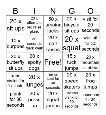 Fitness Bingo Card