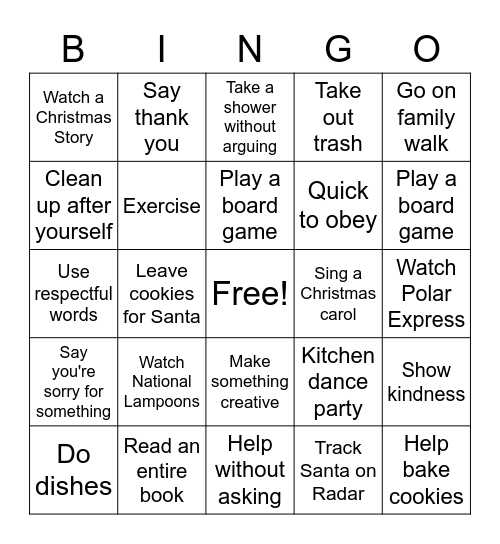 Winter Break Bingo Card